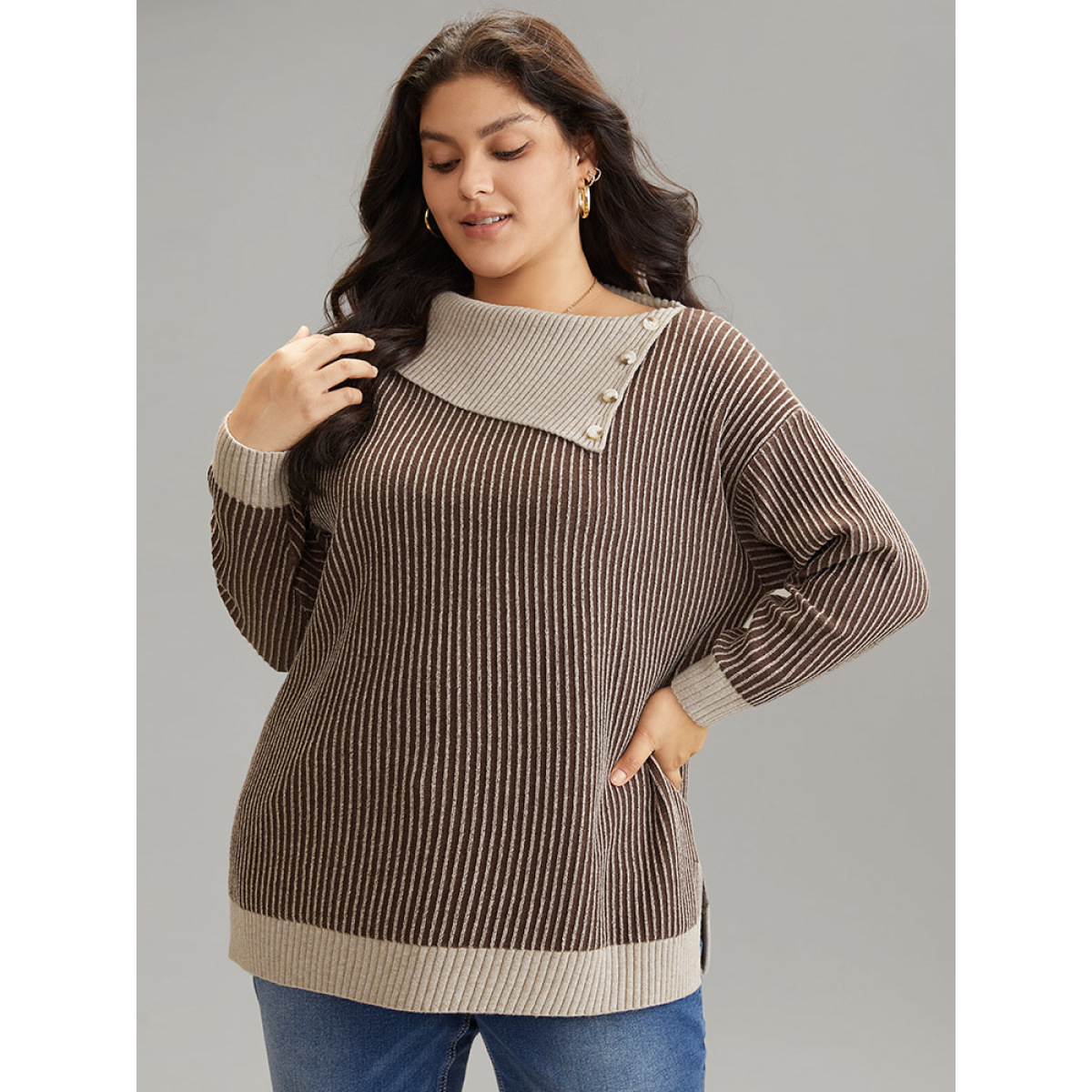 

Plus Size Supersoft Essentials Striped Button Detail Pullover DarkBrown Women Casual Loose Long Sleeve Asymmetrical Neck Dailywear Pullovers BloomChic