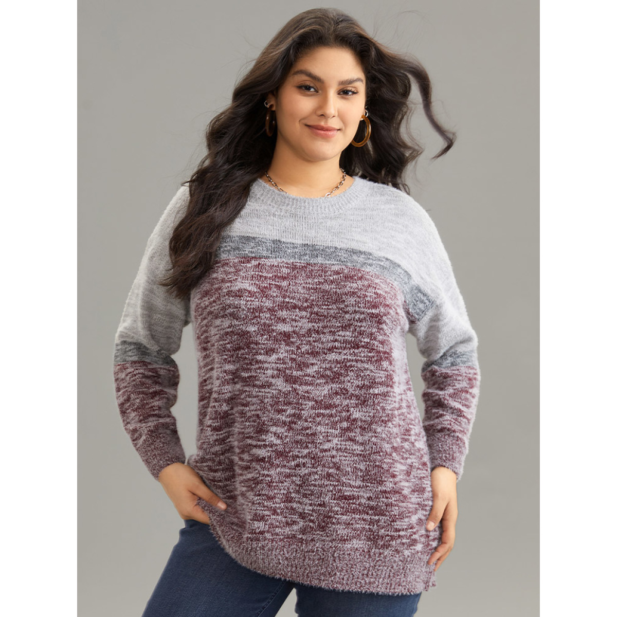 

Plus Size Heather Contrast Crew Neck Drop Shoulder Pullover Burgundy Women Casual Loose Long Sleeve Round Neck Dailywear Pullovers BloomChic