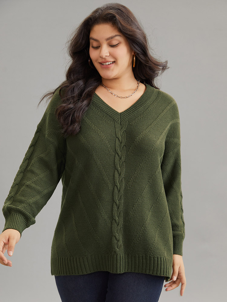 

Plus Size Cable Knit Plisse Moderately Stretchy Pullover ArmyGreen Women Casual Loose Long Sleeve V-neck Dailywear Pullovers BloomChic