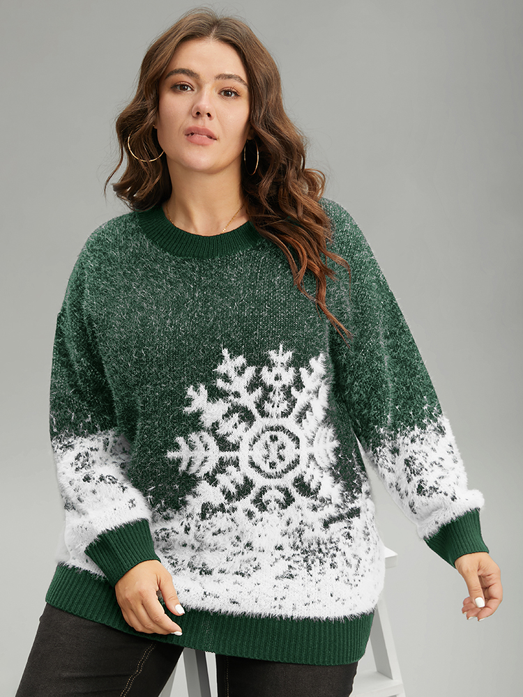 

Plus Size Fuzzy Snowflake Elastic Cuffs Pullover DarkGreen Women Casual Loose Long Sleeve Round Neck Festival-Halloween Pullovers BloomChic