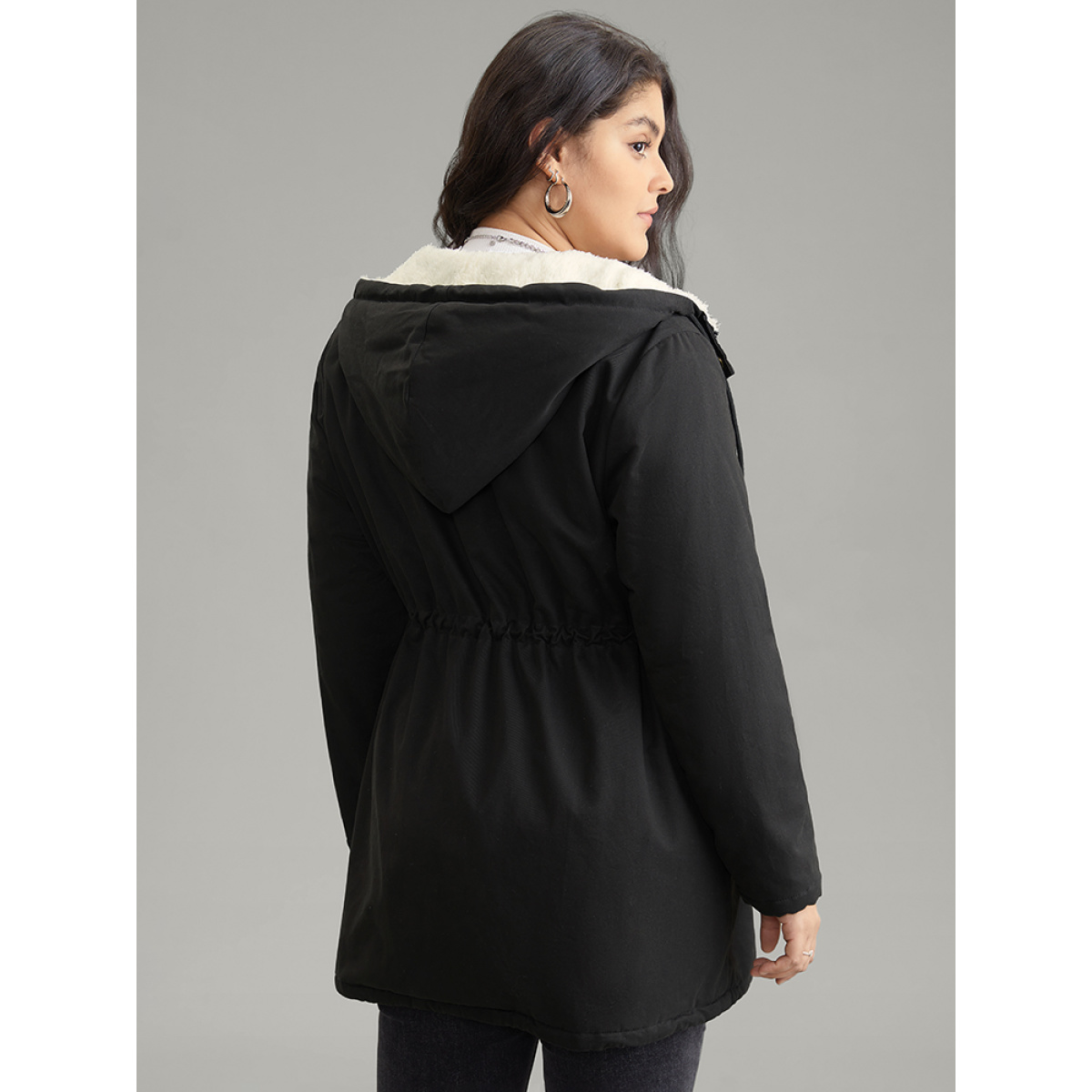 

Plus Size Patchwork Drawstring Fuzzy Trim Hooded Zipper Coat Women Black Casual Lined Ladies Dailywear Winter Coats BloomChic