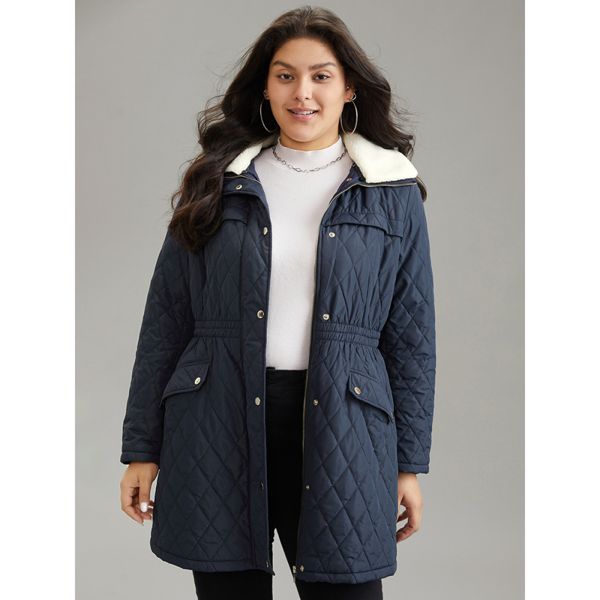 

Plus Size Patchwork Padded Fuzzy Trim Zipper Quilted Coat Women Indigo Casual Lined Ladies Everyday Winter Coats BloomChic