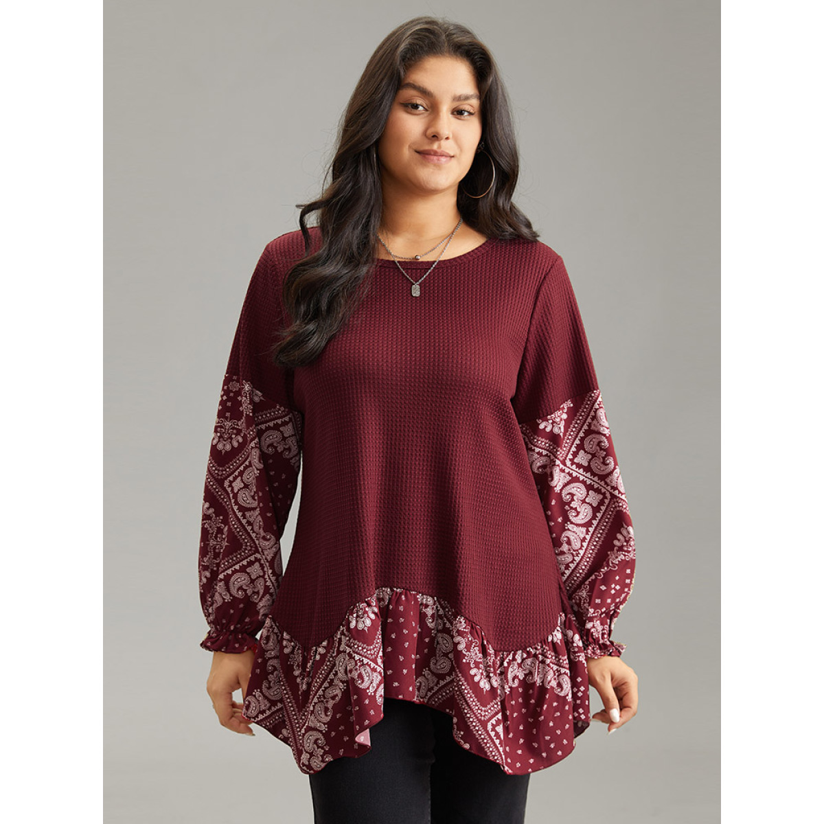 

Plus Size Paisley Print Patchwork Waffle Knit Lantern Sleeve T-shirt Burgundy Women Casual Waffle Knit Paisley Round Neck Dailywear T-shirts BloomChic