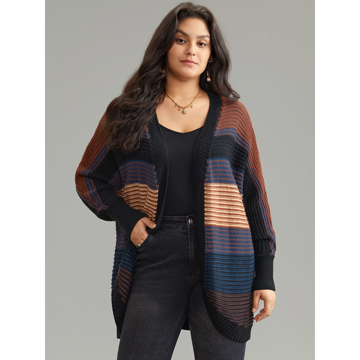 

Plus Size Colorblock Heather Batwing Sleeve Curved Hem Cardigan Multicolor Women Casual Loose Long Sleeve Dailywear Cardigans BloomChic