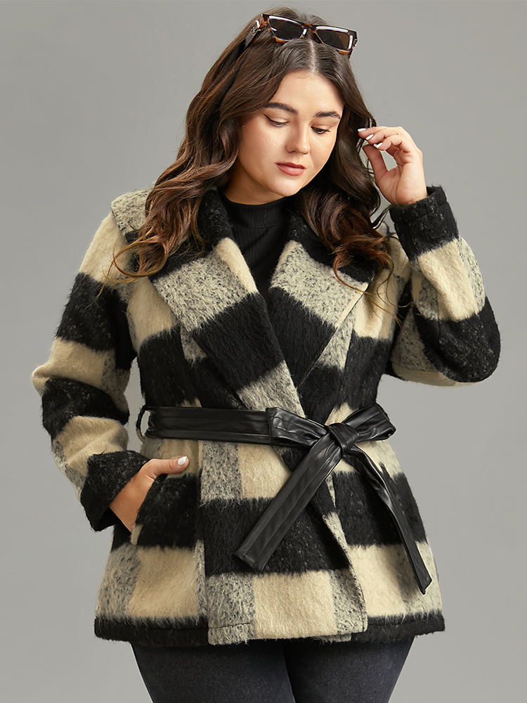 

Plus Size Plaid PU Leather Belted Lapel Collar Coat Women Black Casual Lined Ladies Dailywear Winter Coats BloomChic