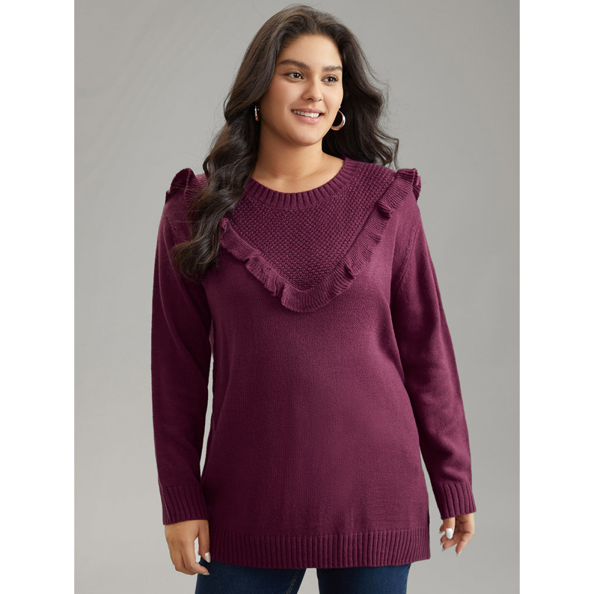 

Plus Size Solid Flutter Trim Plisse Loose Pullover Burgundy Women Casual Loose Long Sleeve Round Neck Dailywear Pullovers BloomChic