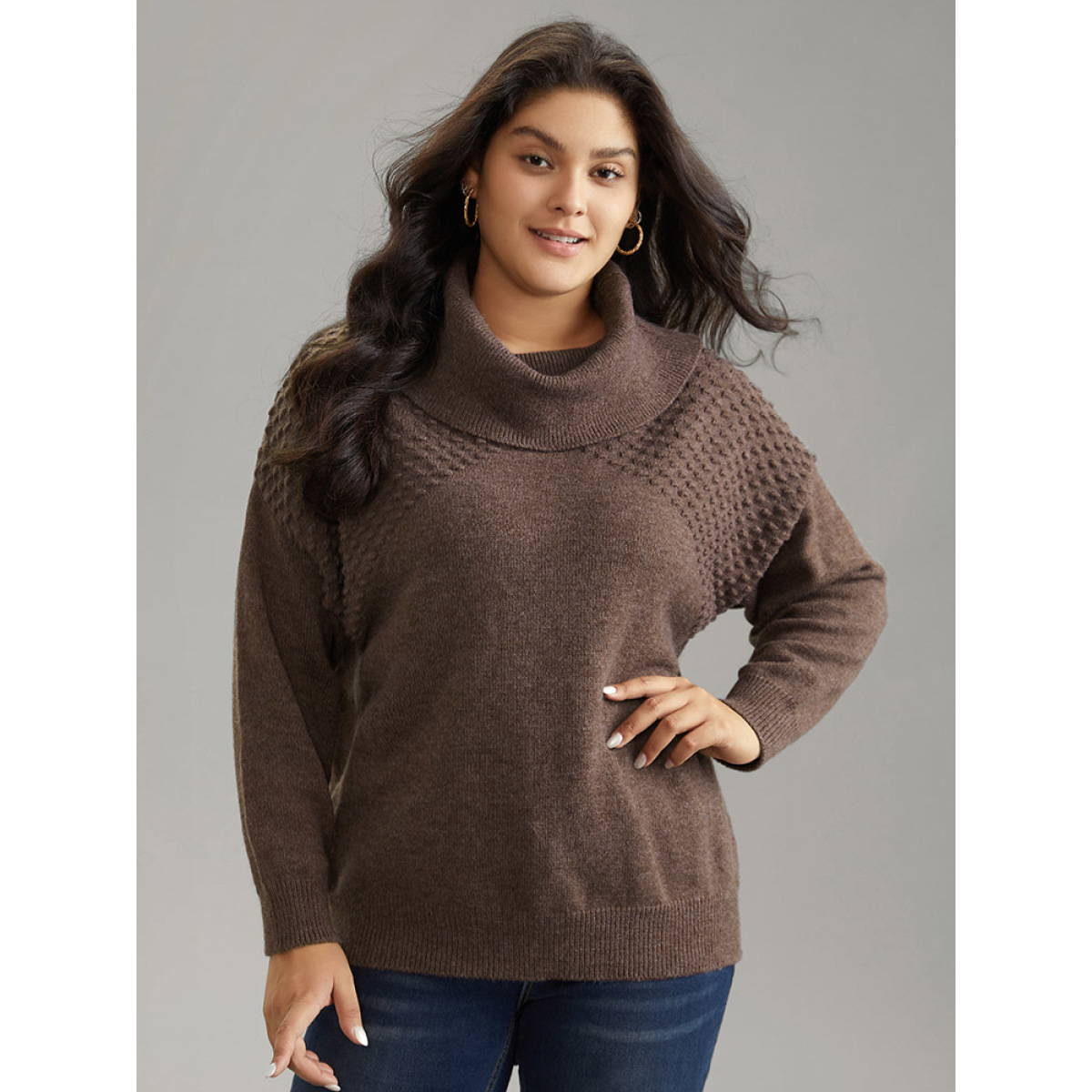 

Plus Size Supersoft Essentials Solid Textured Turtleneck Pullover DarkBrown Women Casual Loose Long Sleeve Turtleneck Dailywear Pullovers BloomChic