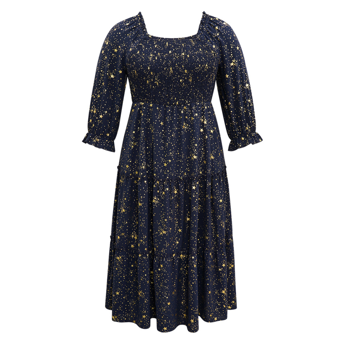 

Plus Size Shirred Star Glitter Frill Trim Raglan Sleeve Dress Navy Women Gathered Square Neck Elbow-length sleeve Curvy Midi Dress BloomChic