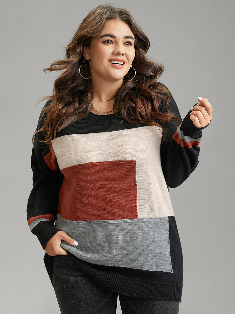

Plus Size Asymmetrical Colorblock Contrast Drop Shoulder Pullover Black Women Casual Loose Long Sleeve Round Neck Dailywear Pullovers BloomChic
