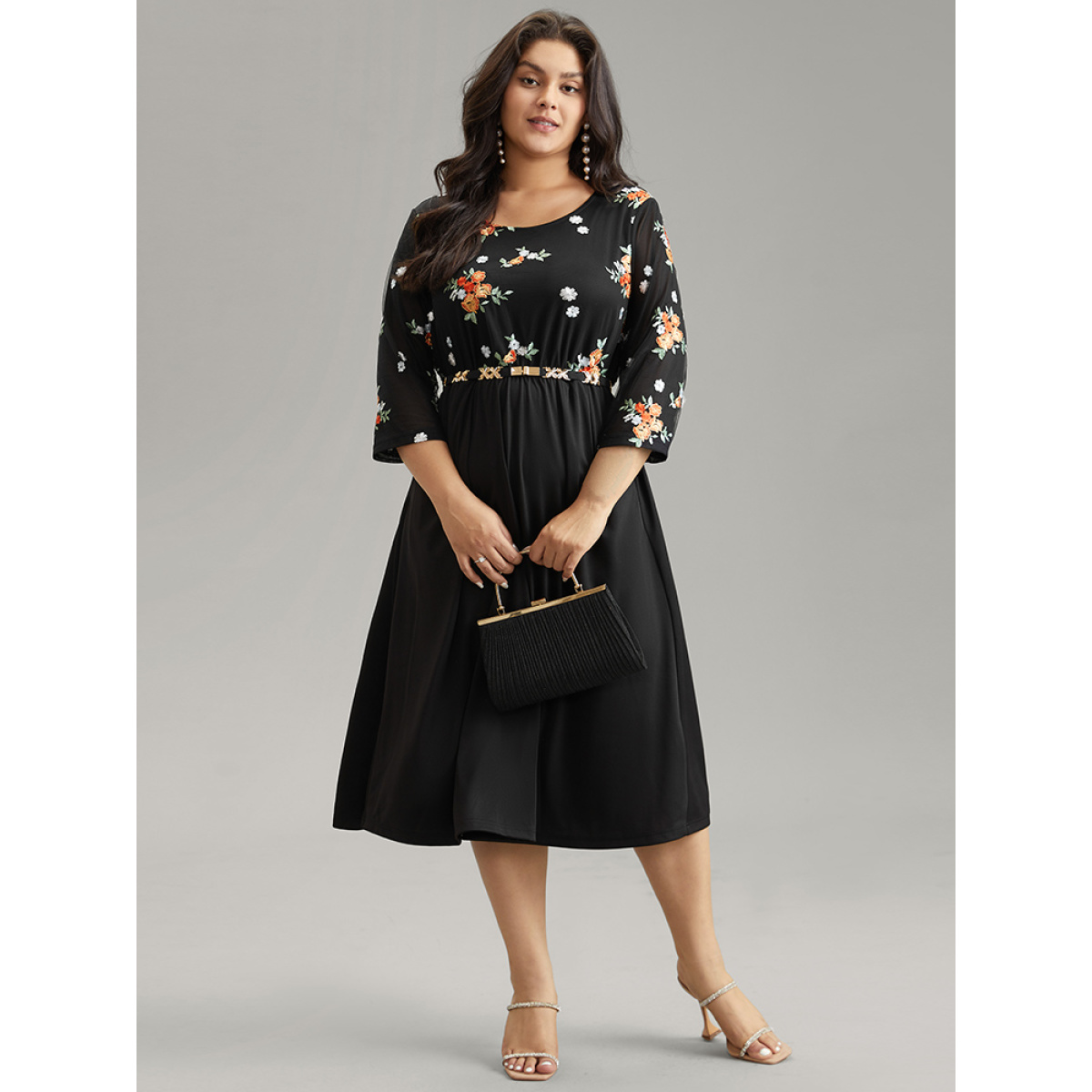 Plus Size Floral Embroidered Mesh Patchwork Elastic Waist Dress Black Women Cocktail Patchwork Round Neck Elbow-length sleeve Curvy Midi Dress BloomChic
Plus Size Floral Embroidered Mesh Patchwork Elastic Waist Dress Black Women Cocktail Patchwork Round Neck Elbow-length sleeve Curvy Midi Dress BloomChic