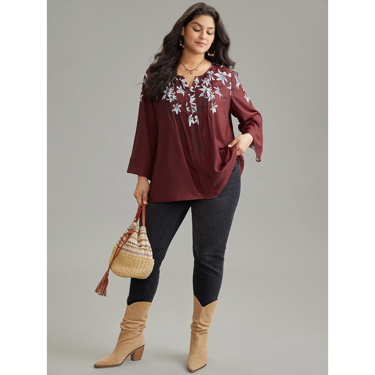 

Plus Size Scarlet Boho Print Ruffle Sleeve Notched Pleated Blouse Women Vacation Long Sleeve Notched collar Vacation Blouses BloomChic