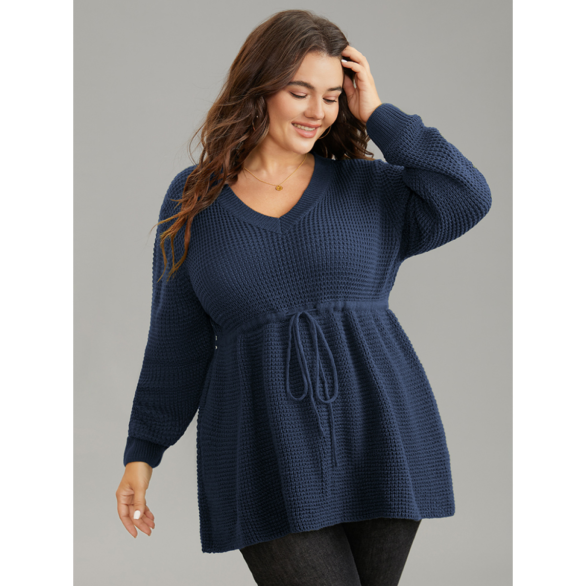 

Plus Size Solid Drawstring Curved Hem Knit Pullover Midnight Women Casual Long Sleeve V-neck Everyday Pullovers BloomChic