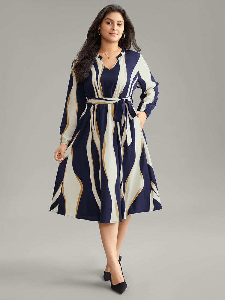 

Plus Size Colorblock Striped Notched Belted Lantern Sleeve Dress DarkBlue Women Elastic cuffs Notched collar Long Sleeve Curvy Midi Dress BloomChic