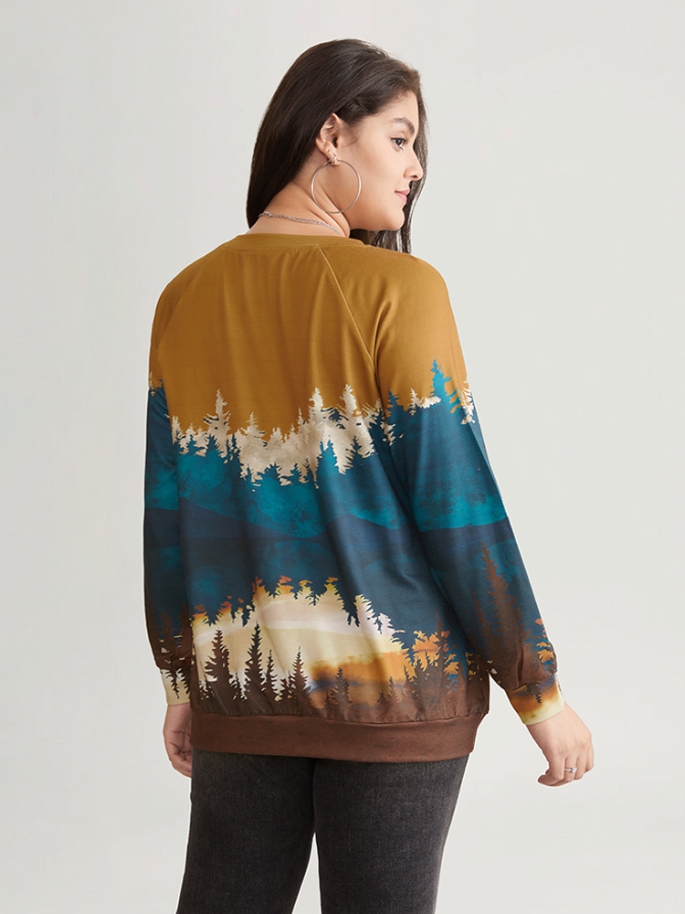 

Plus Size Forest Ombre Crew Neck Raglan Sleeve Sweatshirt Women Bronze Casual Printed Round Neck Dailywear Sweatshirts BloomChic