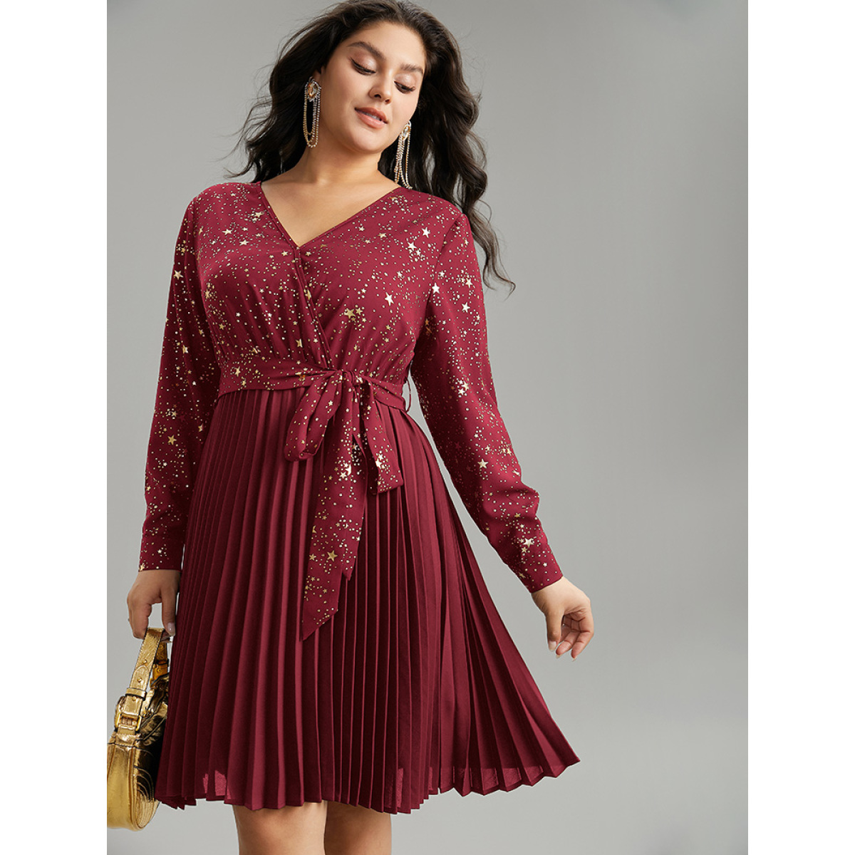 

Plus Size Star Glitter Belted Pleated Wrap Dress Burgundy Women Belted V-neck Long Sleeve Curvy Midi Dress BloomChic