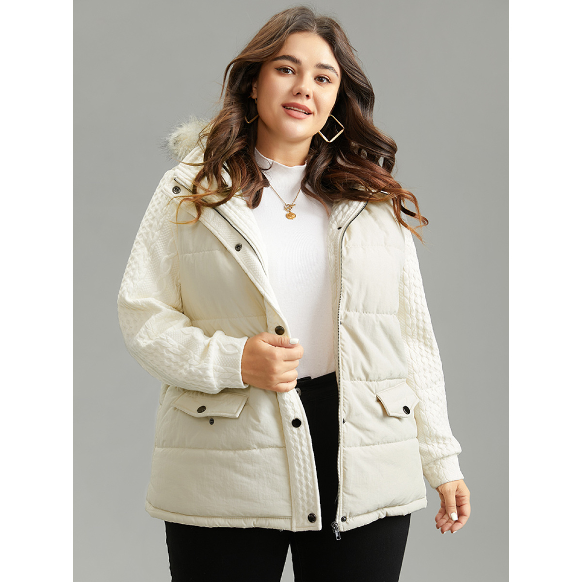 

Plus Size Women Dailywear Plain Lined No stretch  Pocket Casual Cotton Jackets BloomChic, Beige