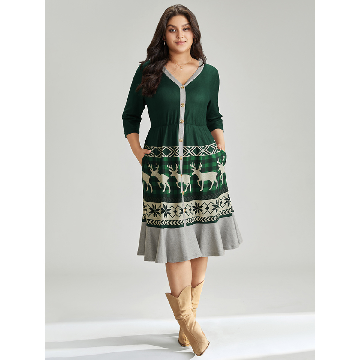 

Plus Size Christmas Elk Elastic Waist Patchwork Button Detail Dress DarkGreen Women Printed V-neck Elbow-length sleeve Curvy Midi Dress BloomChic