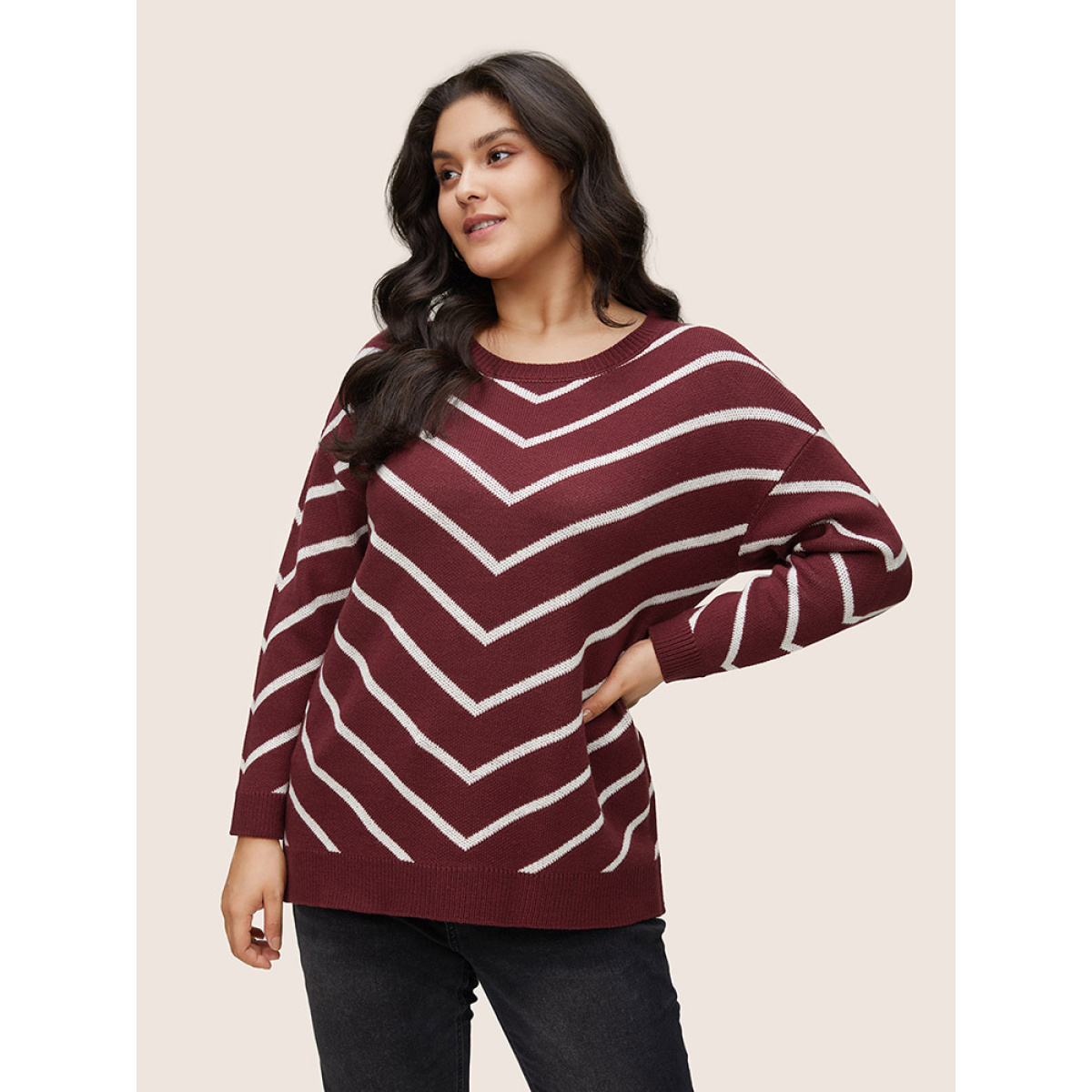 

Plus Size Striped Drop Shoulder Loose Knit Pullover Burgundy Women Casual Loose Long Sleeve Round Neck Dailywear Pullovers BloomChic