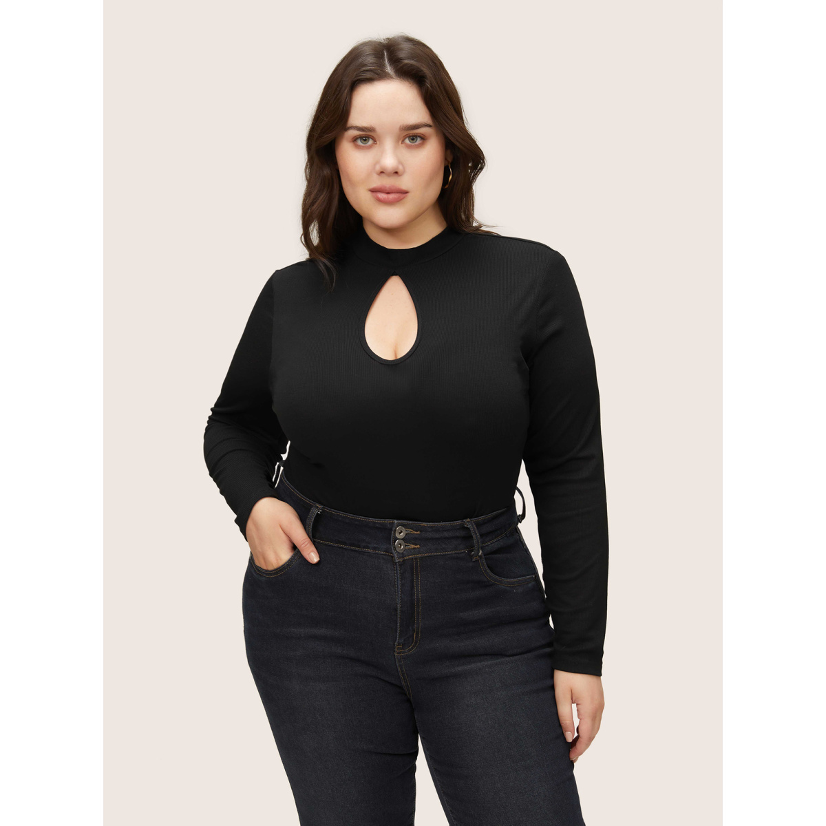 

Plus Size Supersoft Essentials Cut Out Rib Knit Skinny T-shirt Black Women Office Plain Plain Keyhole Cut-Out Skinny Dailywear T-shirts BloomChic