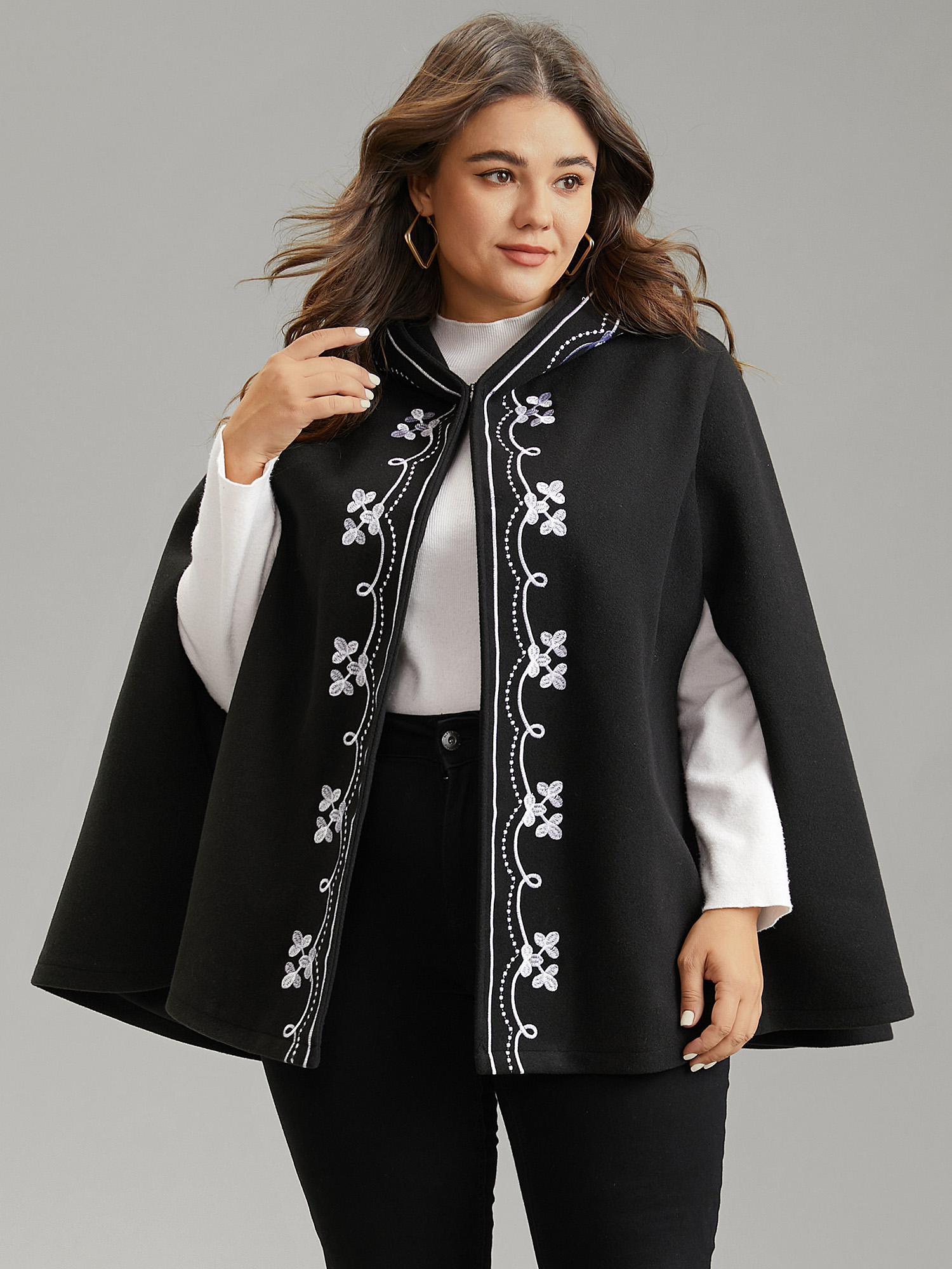 

Plus Size Floral Embroidered Hooded Cape Kimono Women Black Casual Lined Loose Dailywear Kimonos BloomChic