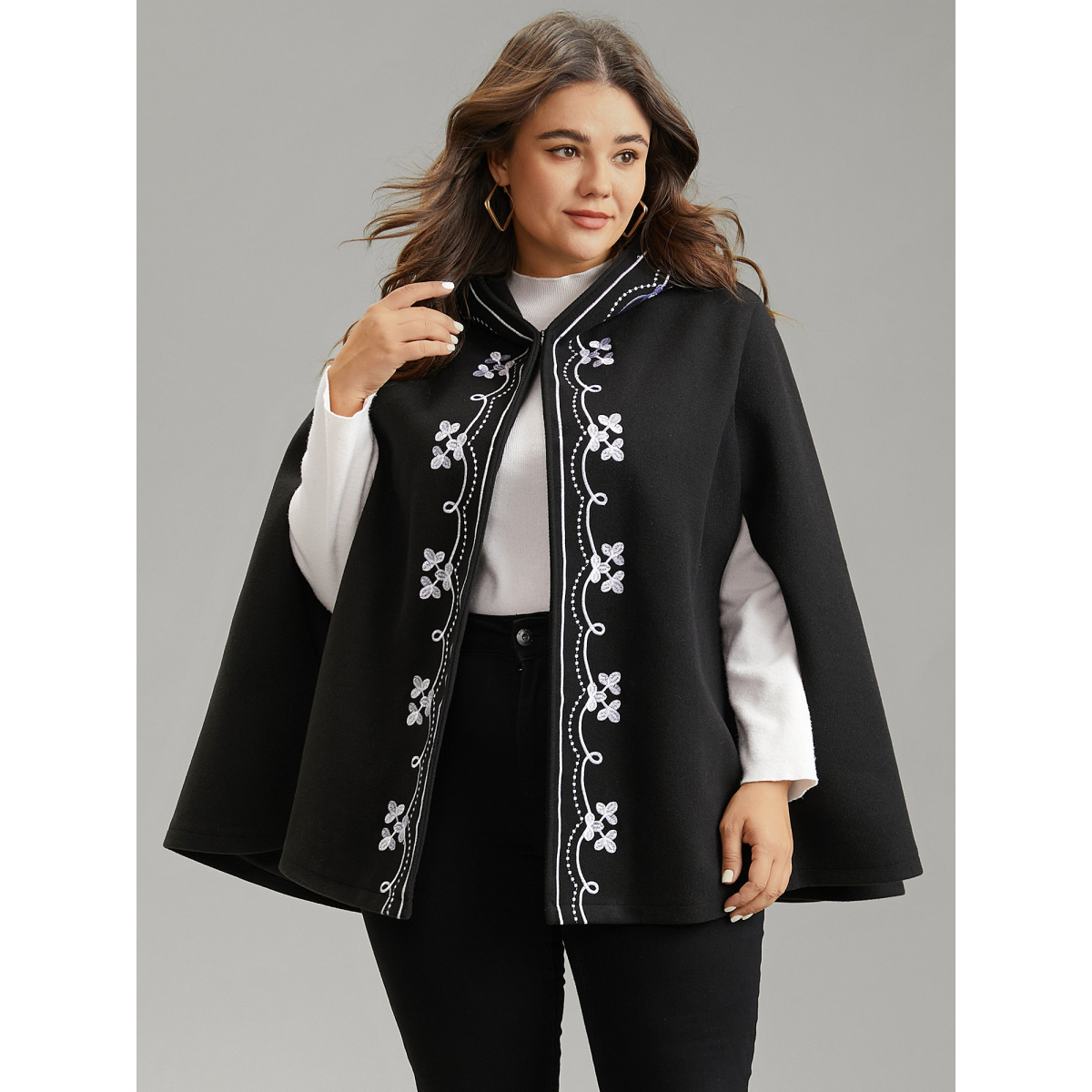 

Plus Size Floral Embroidered Hooded Cape Kimono Women Black Casual Lined Loose Dailywear Kimonos BloomChic