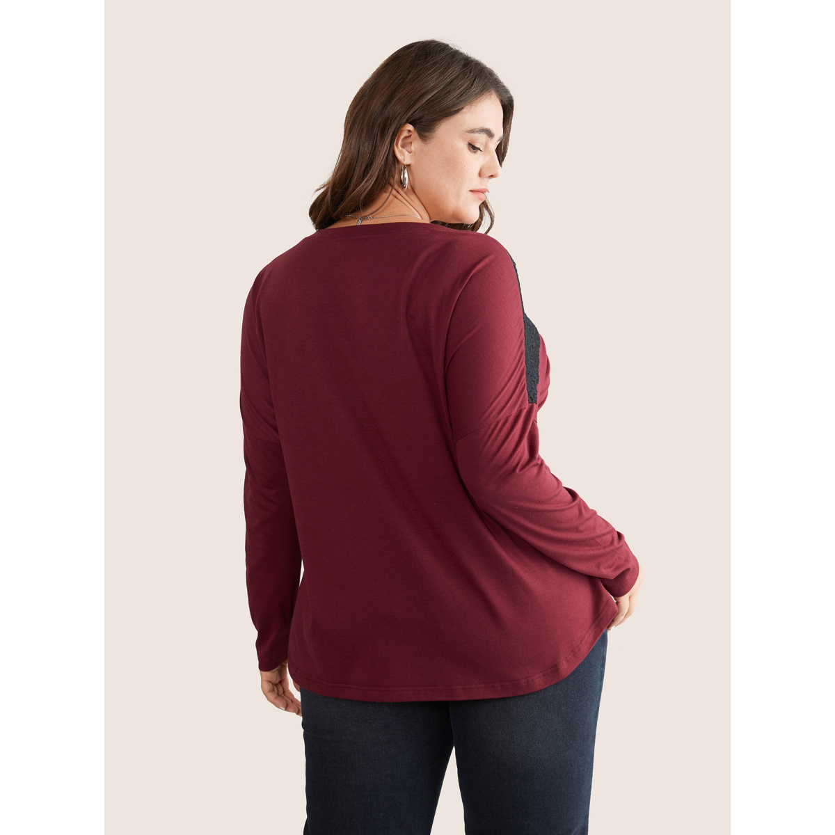 

Plus Size Contrast Lace Panel Drop Shoulder T-shirt Burgundy Women Elegant Contrast Plain Round Neck Dailywear T-shirts BloomChic