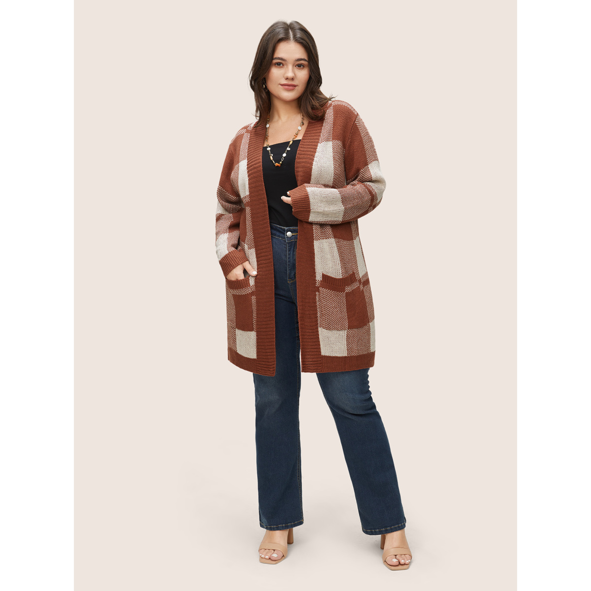 

Plus Size Contrast Colorblock Pocket Open Front Cardigan Brown Women Casual Loose Long Sleeve Dailywear Cardigans BloomChic
