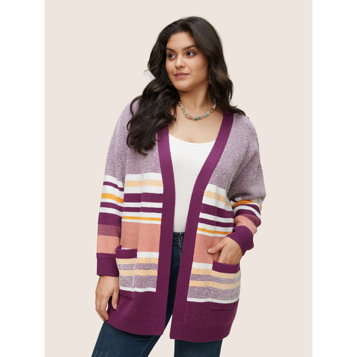 

Plus Size Supersoft Essentials Striped Contrast Open Front Cardigan Purple Women Casual Loose Long Sleeve Dailywear Cardigans BloomChic