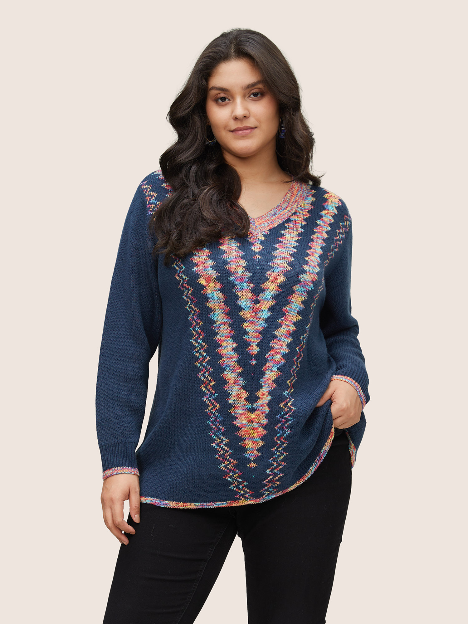 

Plus Size V Neck Colour Heather Geometric Pullover Indigo Women Casual Loose Long Sleeve V-neck Dailywear Pullovers BloomChic