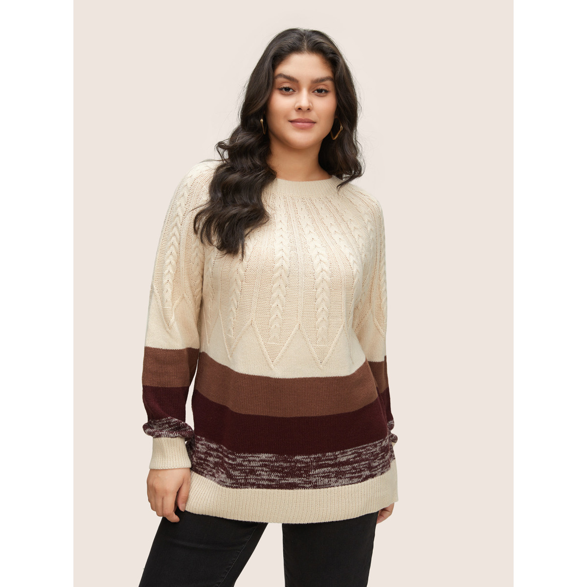

Plus Size Colorblock Contrast Cable Knit Raglan Sleeve Pullover Apricot Women Casual Loose Long Sleeve Round Neck Dailywear Pullovers BloomChic