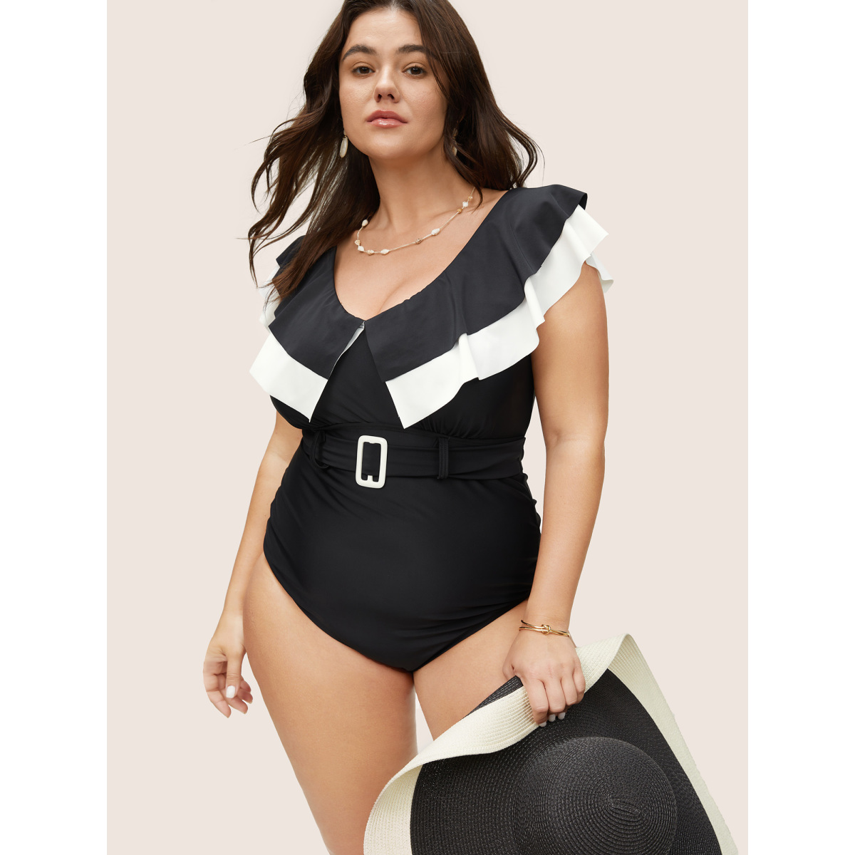 

Plus Size Layered Ruffle Trim Belted One Piece Swimsuit Women's Swimwear Black Beach Ruffles Curve Bathing Suits High stretch One Pieces BloomChic