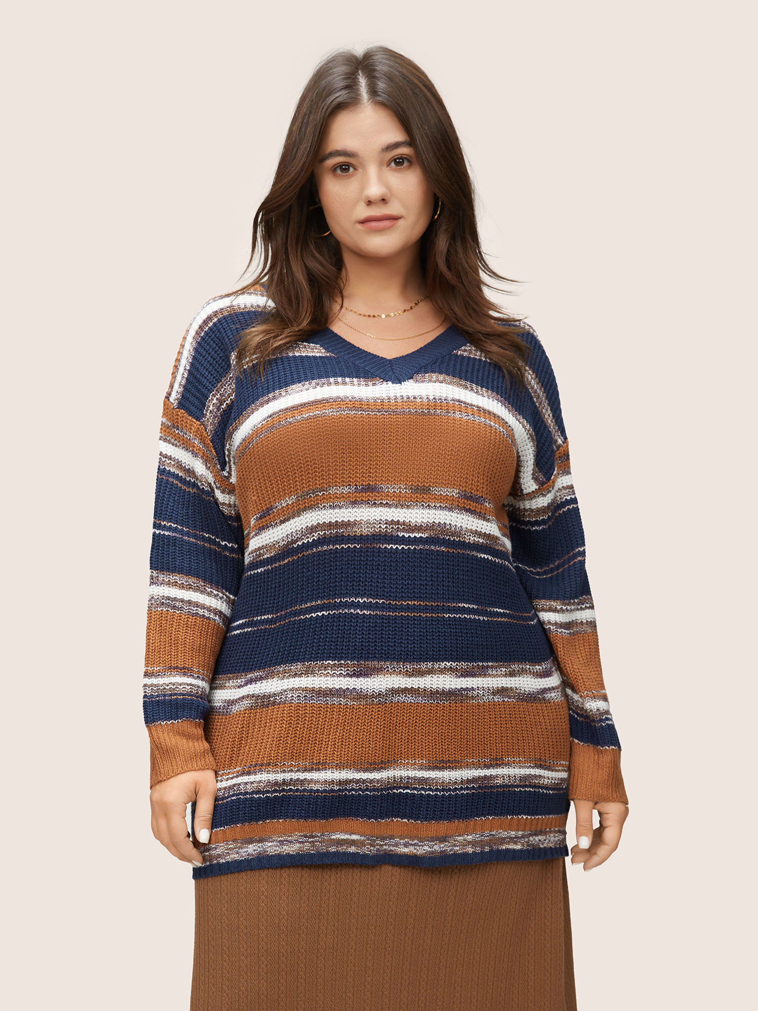 

Plus Size Striped Colorblock Contrast Heather Patchwork Pullover Chocolate Women Casual Loose Long Sleeve V-neck Dailywear Pullovers BloomChic