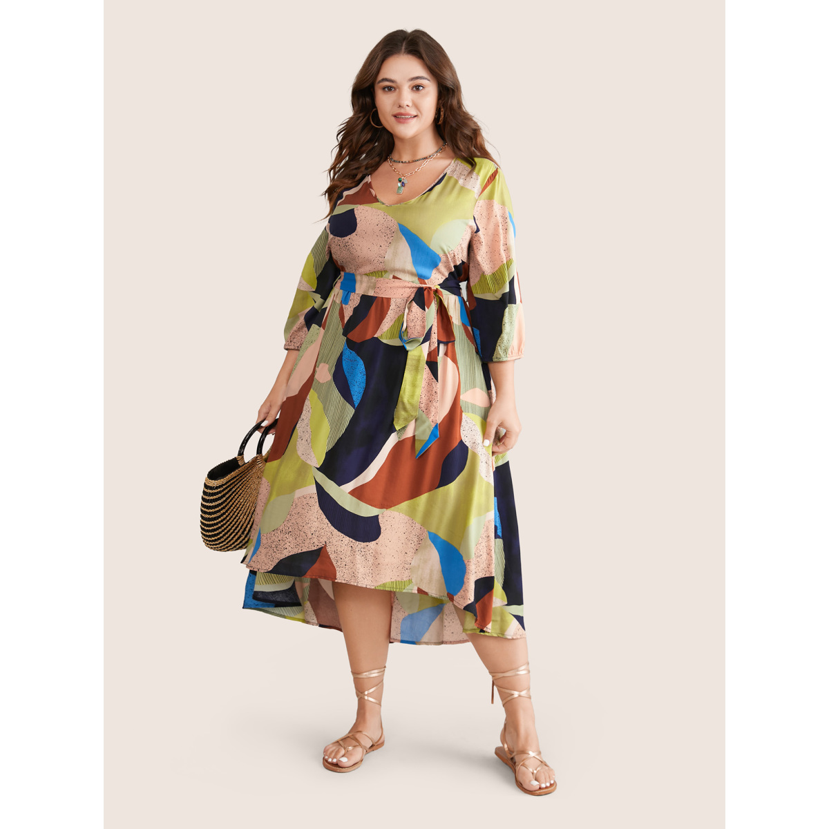 

Plus Size Colorblock Elastic Cuffs Contrast Belted Dress Multicolor Women Elastic cuffs V-neck Elbow-length sleeve Curvy Midi Dress BloomChic