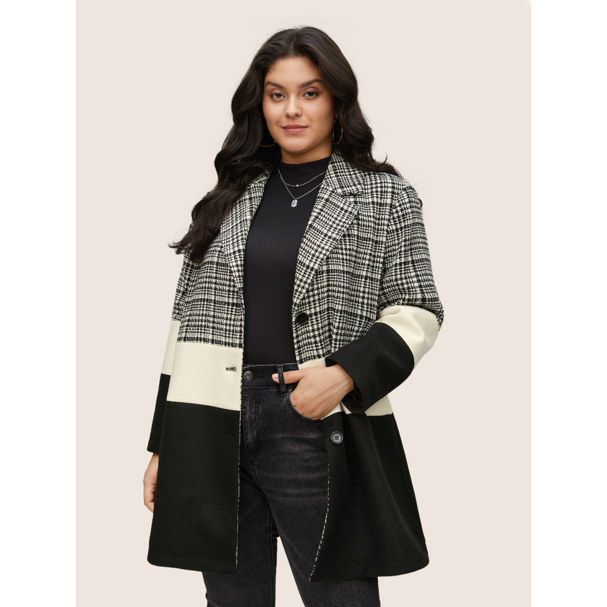 

Plus Size Tweed Colorblock Contrast Button Up Coat Women Black Casual Texture Ladies Dailywear Winter Coats BloomChic
