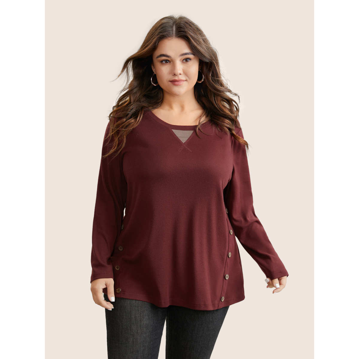

Plus Size Two Tone Patchwork Button Front T-shirt Burgundy Women Casual Contrast Plain Round Neck Dailywear T-shirts BloomChic