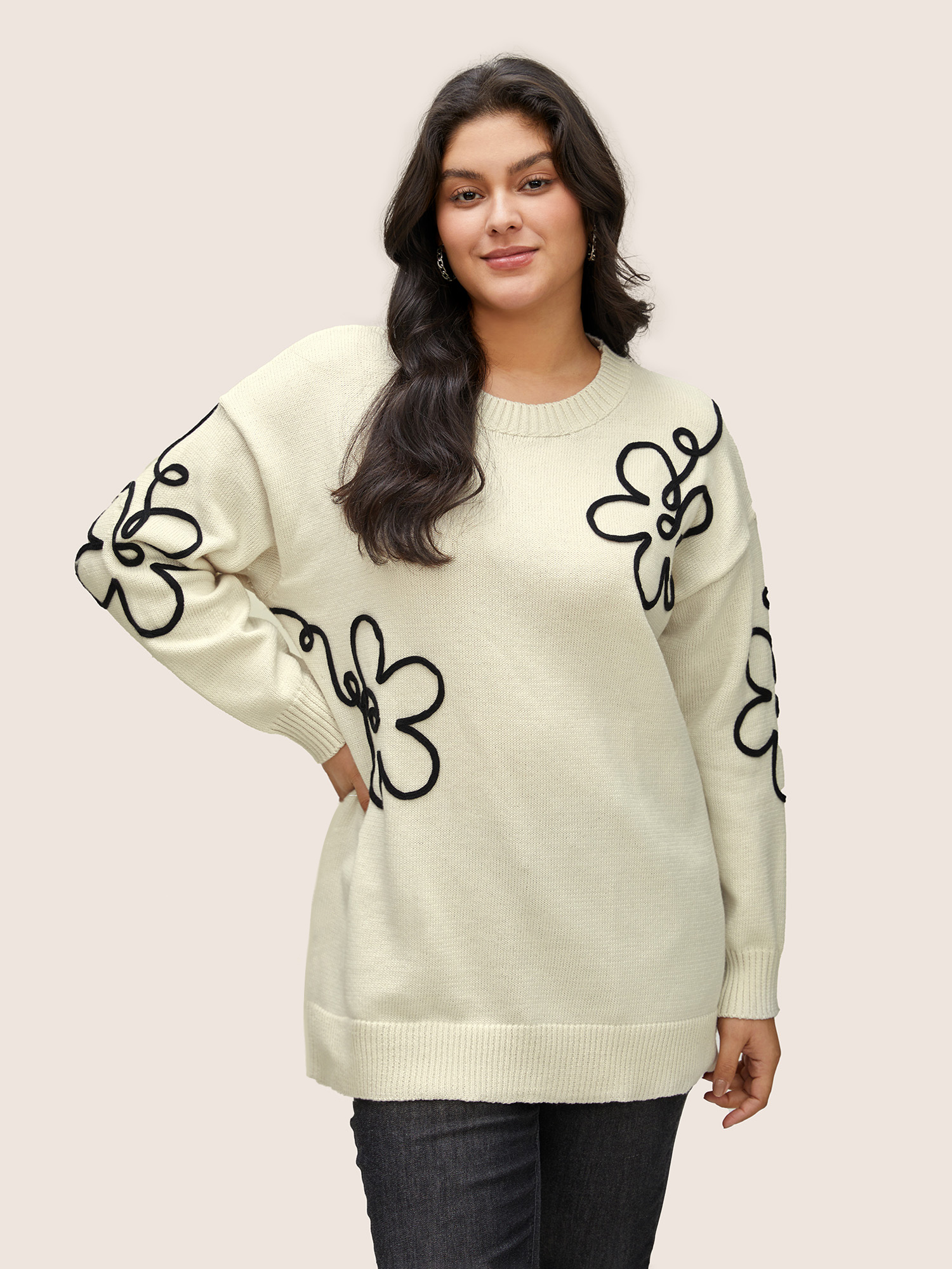 

Plus Size Supersoft Essentials Floral Embroidered Crew Neck Pullover Beige Women Casual Loose Long Sleeve Round Neck Everyday Pullovers BloomChic