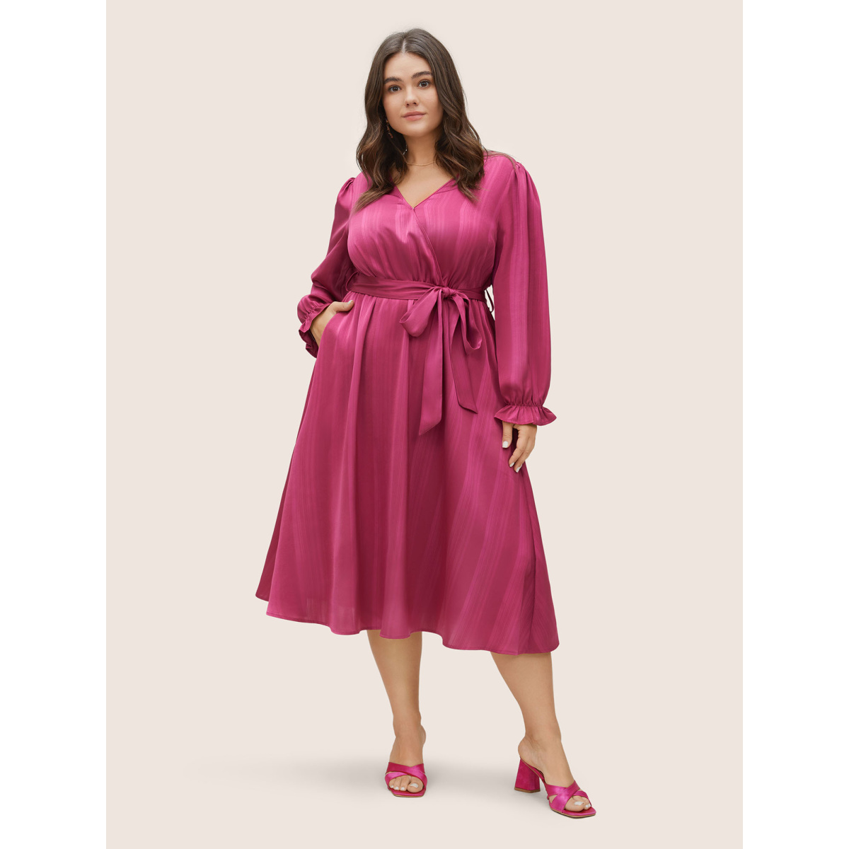 

Plus Size Striped Elastic Waist Wrap Belted Gathered Dress RedViolet Women Non Curvy Midi Dress BloomChic
