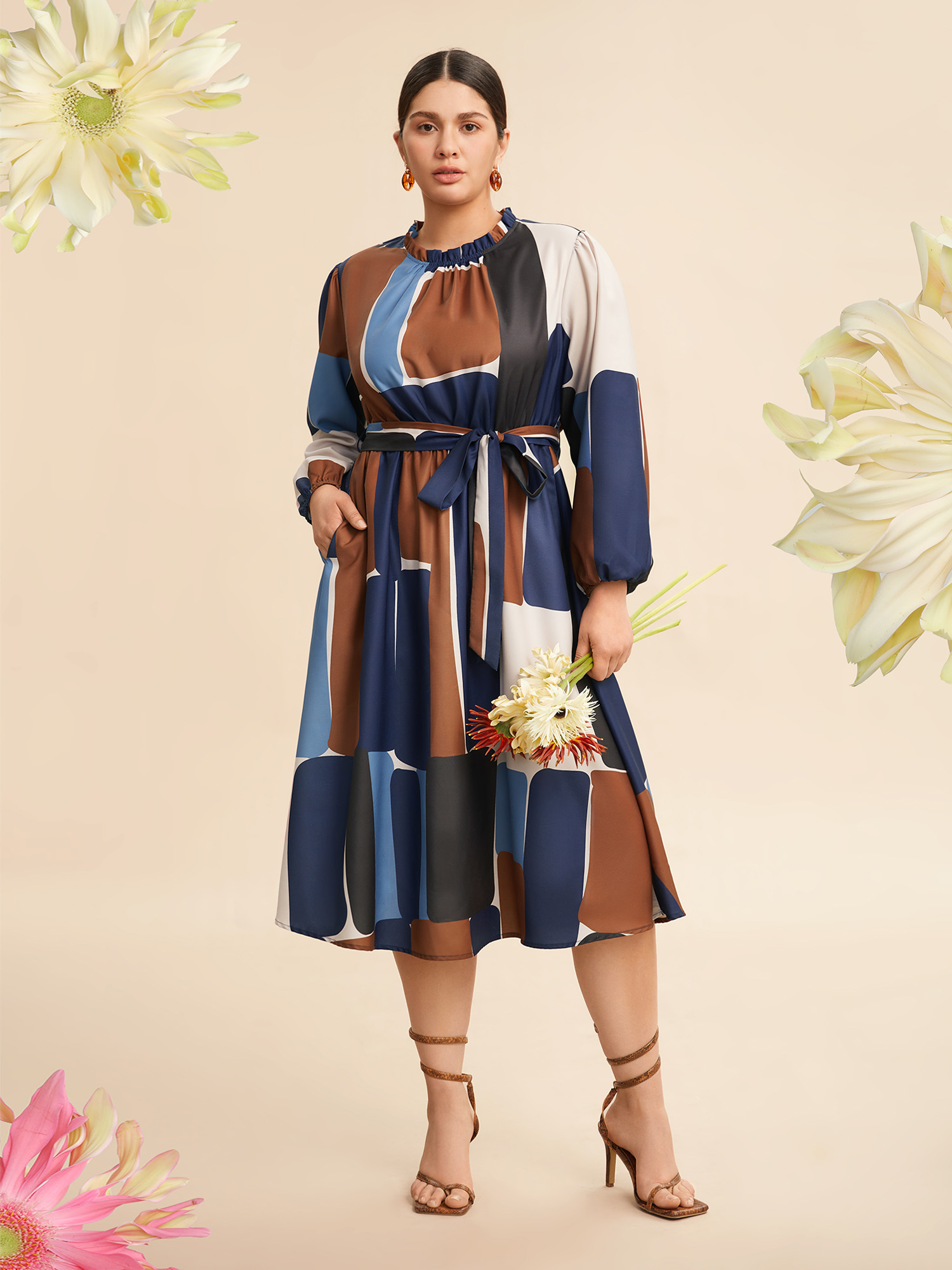 

Plus Size Colorblock Contrast Gathered Frill Trim Belted Dress Multicolor Women Non Curvy Midi Dress BloomChic