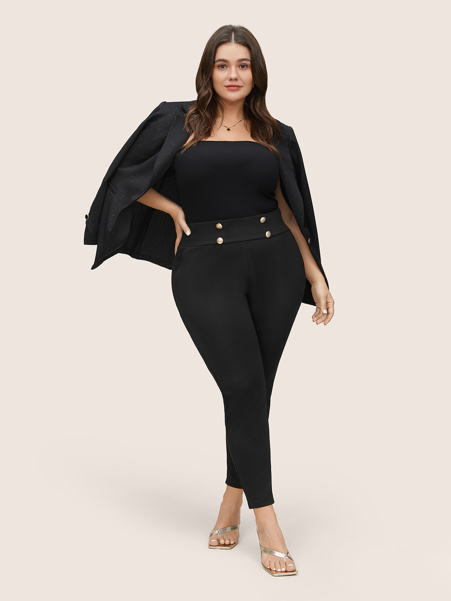 

Plus Size Skinny Button Detail High Rise Pants Women Black Workwear Essentials Skinny High Rise Work Pants BloomChic