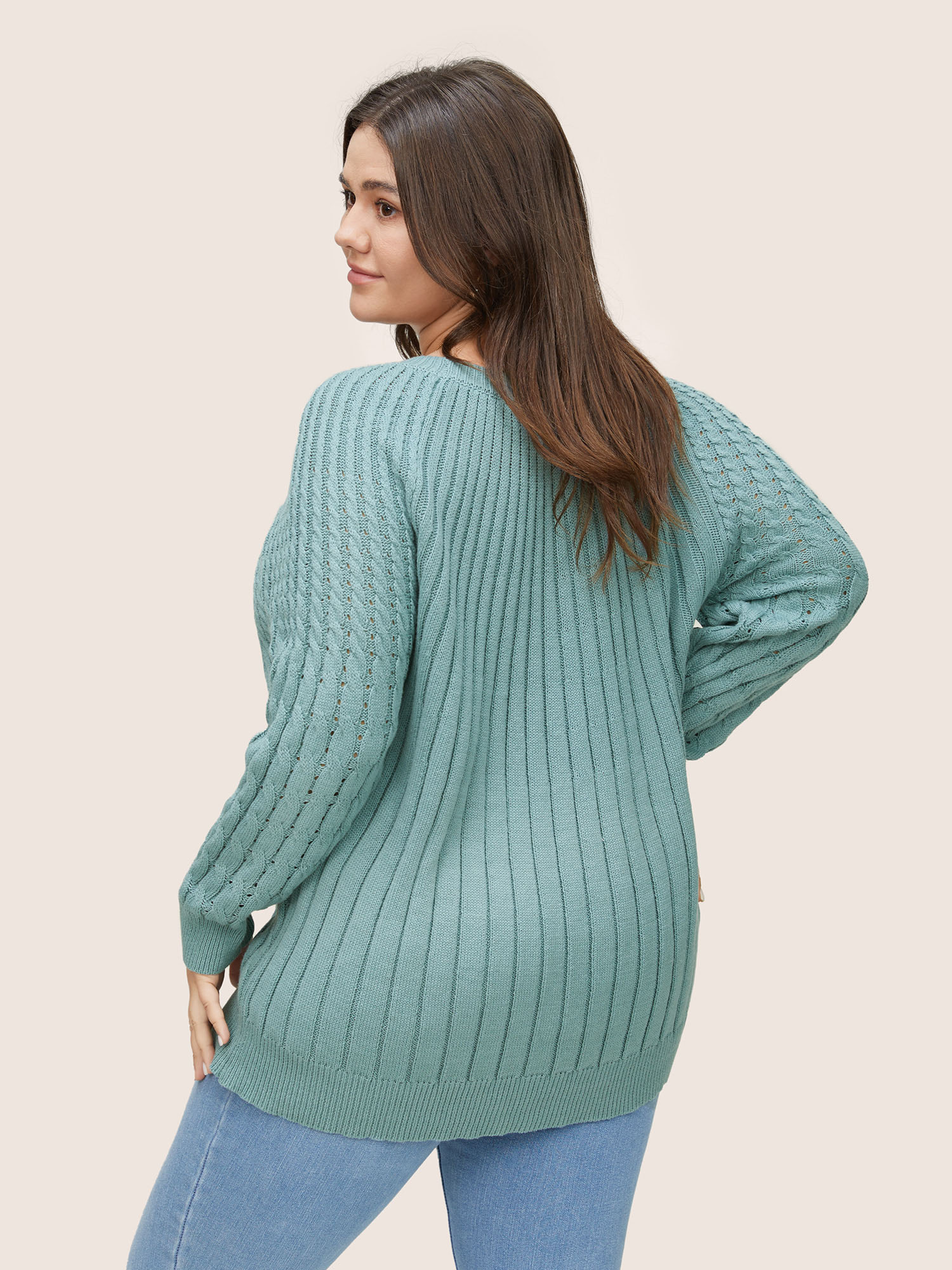 

Plus Size Cotton Blended Cable Knit Raglan Sleeve Pullover Teal Women Casual Long Sleeve Round Neck Everyday Pullovers BloomChic