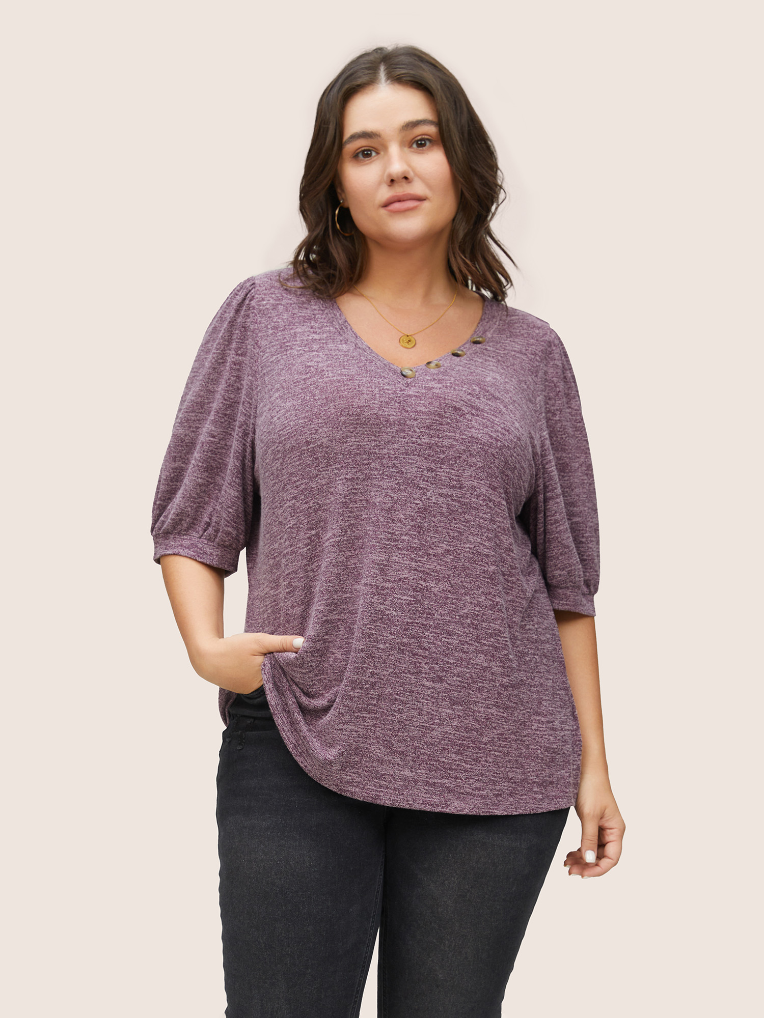 

Plus Size Heather Button Detail Puff Sleeve T-shirt Purple Women Casual Gathered Plain V-neck Everyday T-shirts BloomChic
