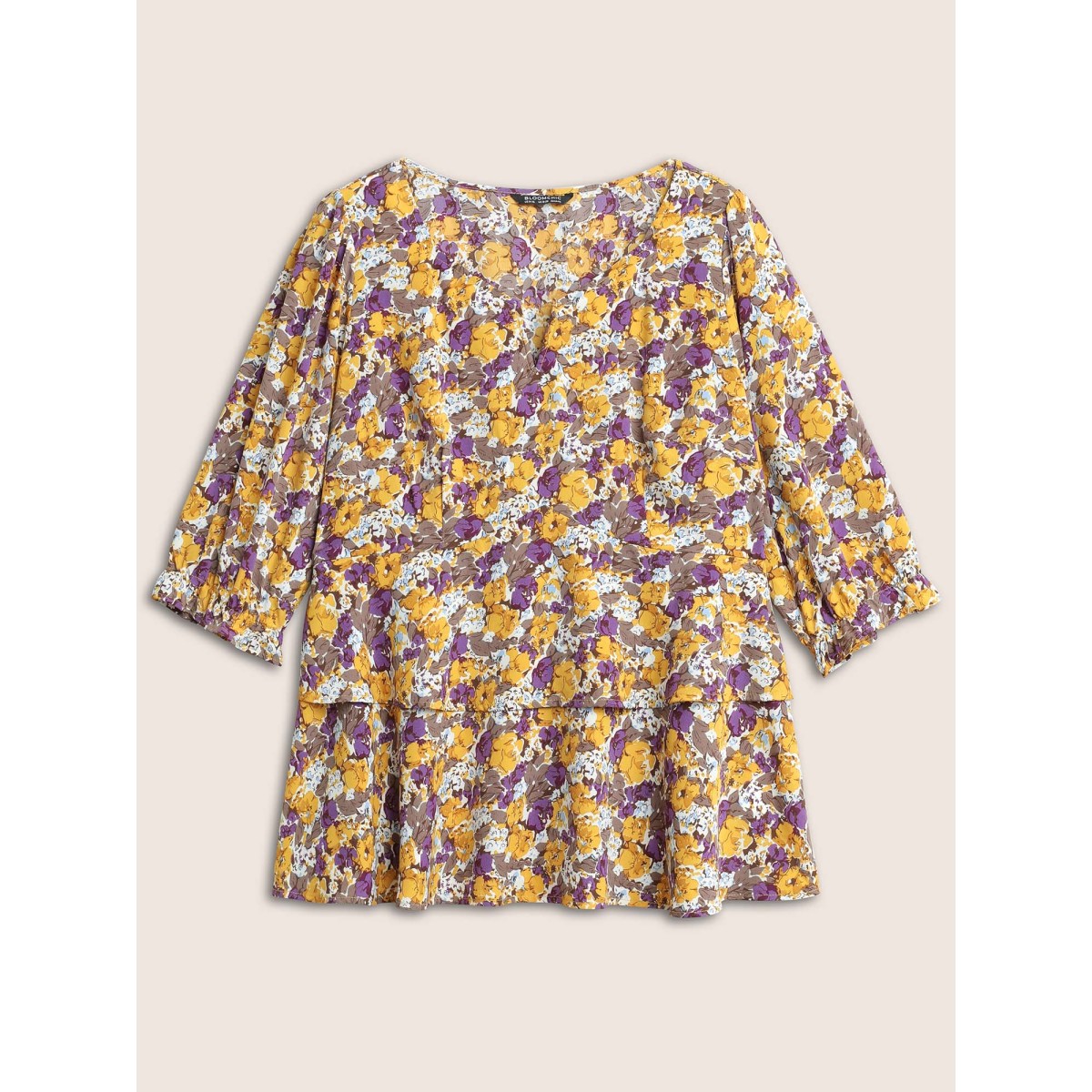 

Plus Size Apricot Floral Allover Print Ruffles Tiered Hem Blouse Women Elegant Elbow-length sleeve Notched collar Everyday Blouses BloomChic