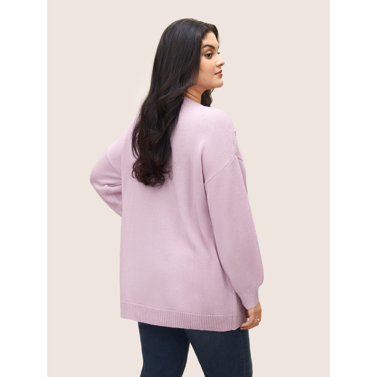 

Plus Size Stereo Flower Design Drop Shoulder Pullover Lilac Women Elegant Long Sleeve Round Neck Everyday Pullovers BloomChic