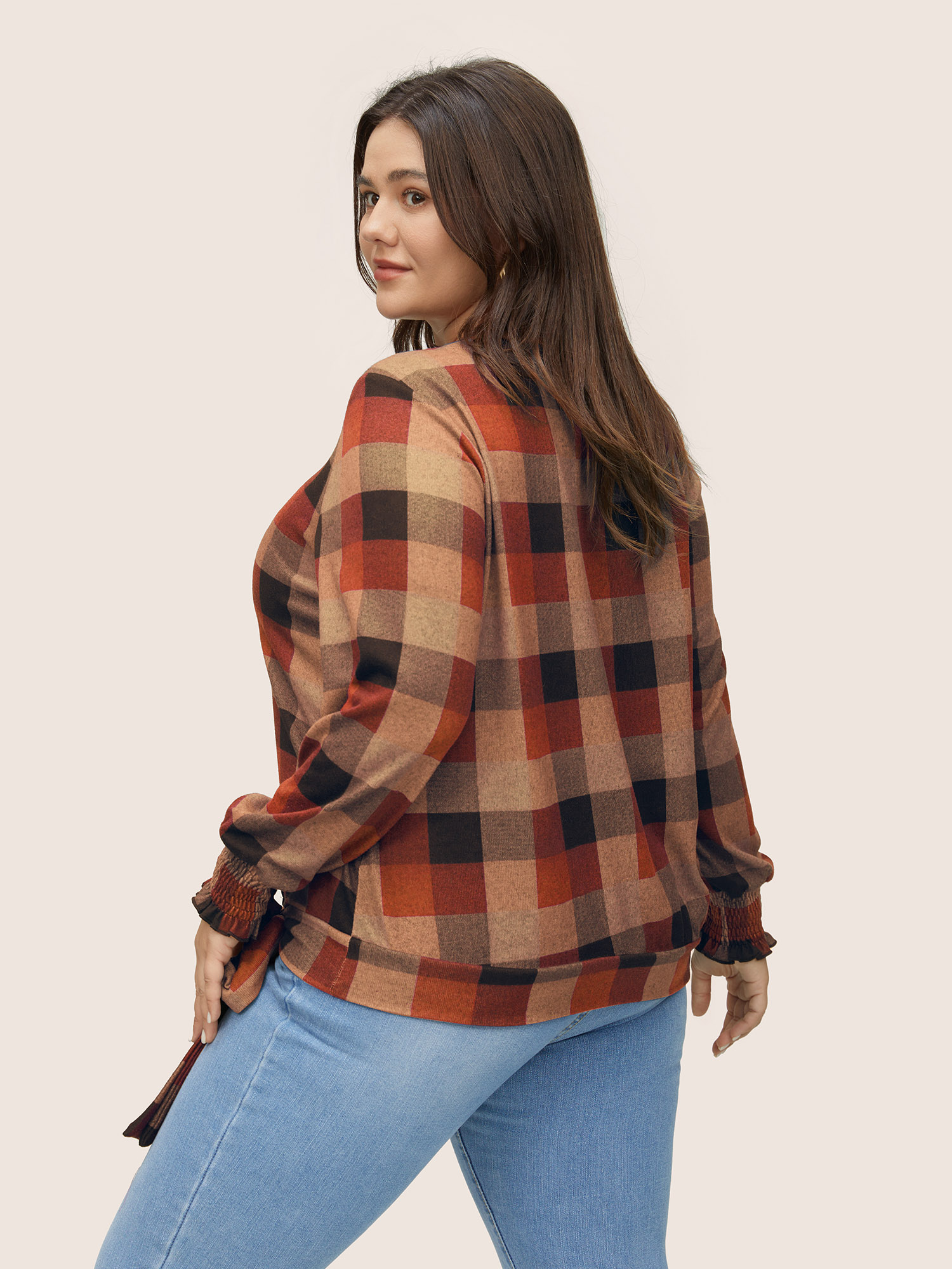 

Plus Size Plaid Shirred Cuffs Bowknot Detail T-shirt Rust Women Casual Knotted Plaid Round Neck Everyday T-shirts BloomChic