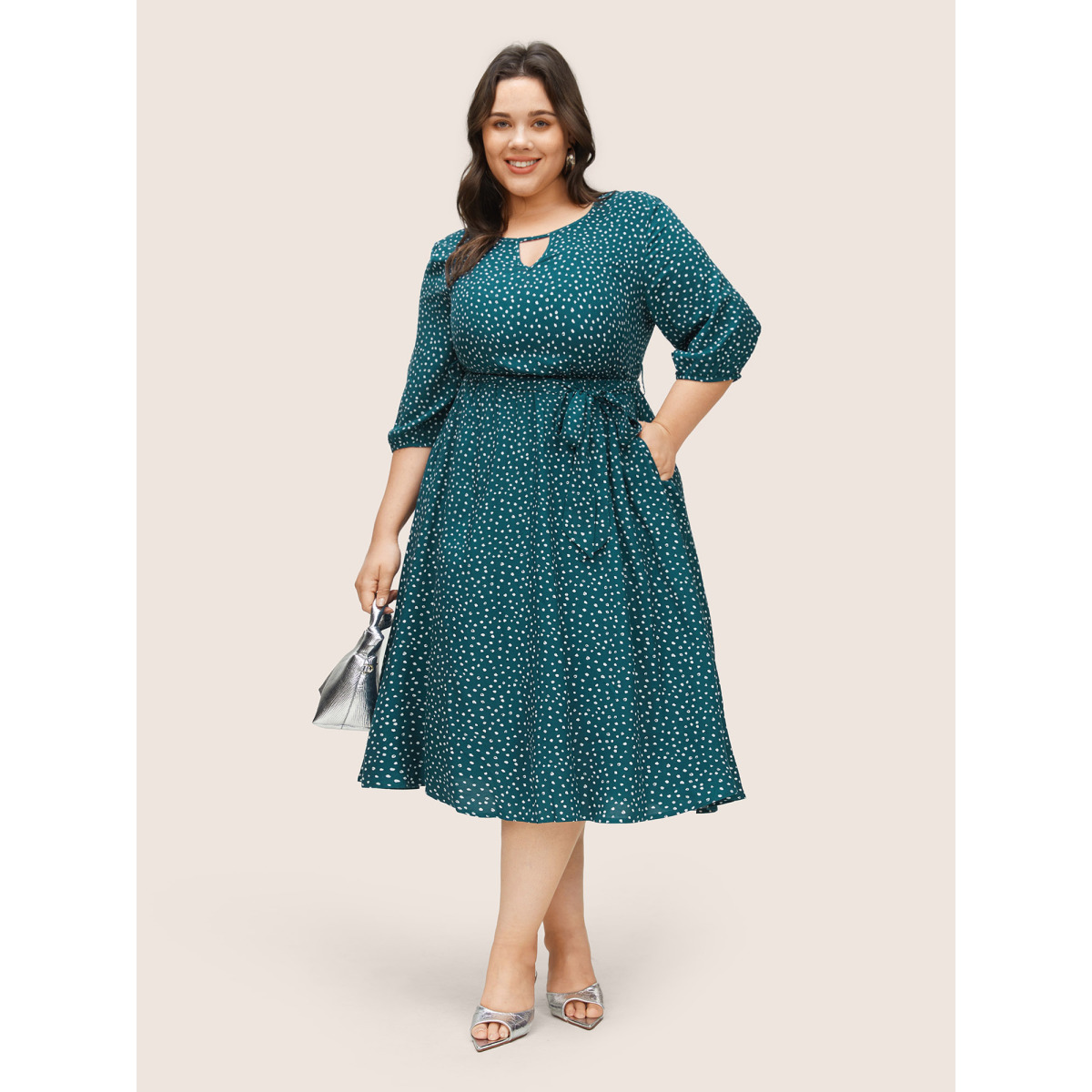 

Plus Size Static-Free Polka Dot Keyhole Gathered Belted Dress Cyan Women Non Notched collar Curvy Midi Dress BloomChic