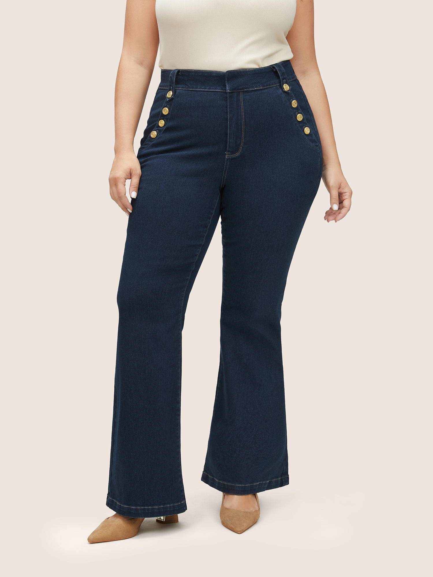 

Plus Size Dark Wash Zipper Button Detail Flare Leg Jeans Women DarkBlue Elegant Plain Non High stretch Slanted pocket Jeans BloomChic