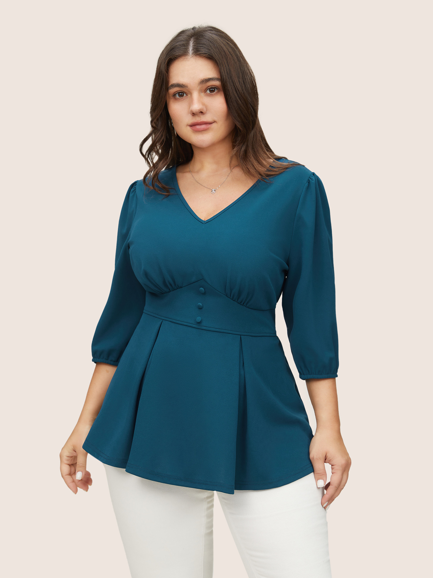 

Plus Size Aegean Plain Plicated Detail Button Detail Blouse Women At the Office Elbow-length sleeve V-neck Work Blouses BloomChic