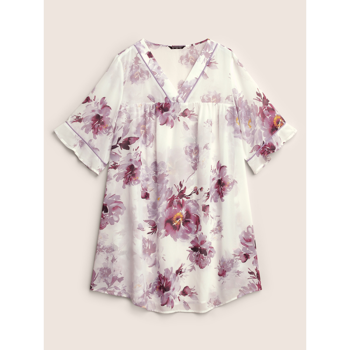 

Plus Size Chiffon Floral Gathered Ruffle Sleeve Sleep Dress Mauve Half Sleeve V-neck Lounge Everyday  Bloomchic