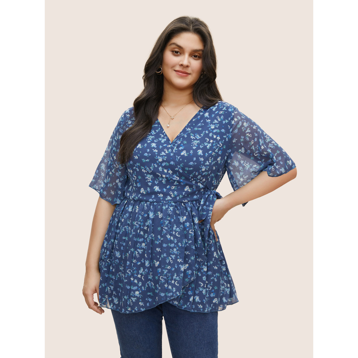 

Plus Size Indigo Ditsy Floral Mesh Overlap Collar Ties Blouse Women Elegant Short sleeve Overlap Collar Everyday Blouses BloomChic