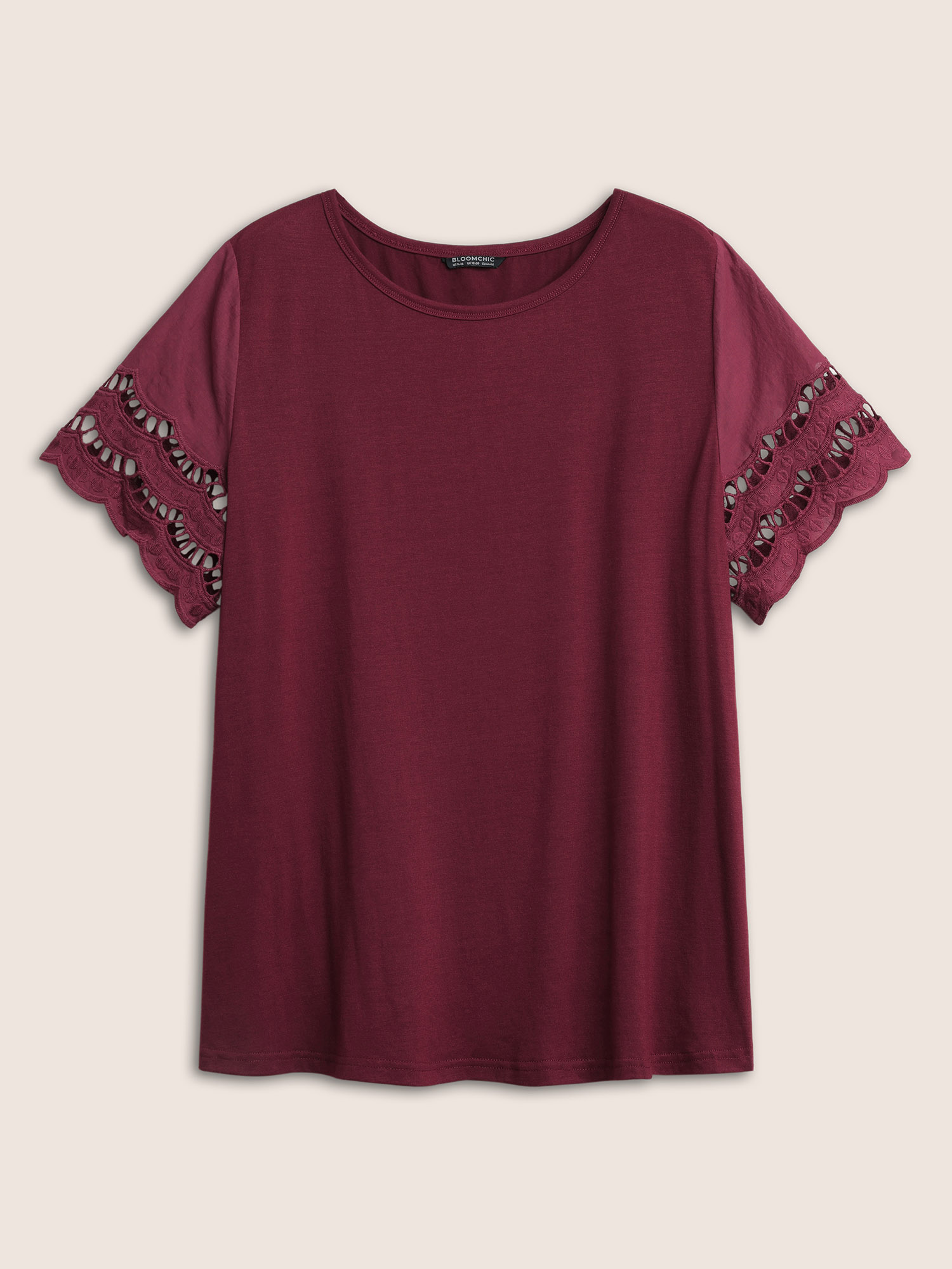 

Plus Size Patchwork Broderie Anglaise Scalloped Trim T-shirt Burgundy Women Elegant Non Plain Round Neck Everyday T-shirts BloomChic